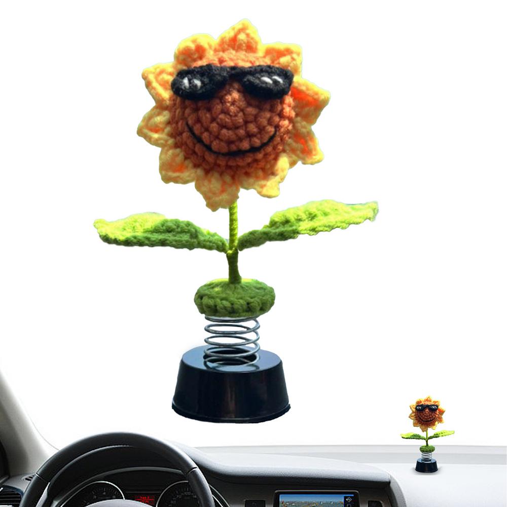 Crochet Car Decorations Sunflower Frog Duck Bobblehead Car Decor Animated Bobble Dancer Car Decor Aesthetic Accessories For
