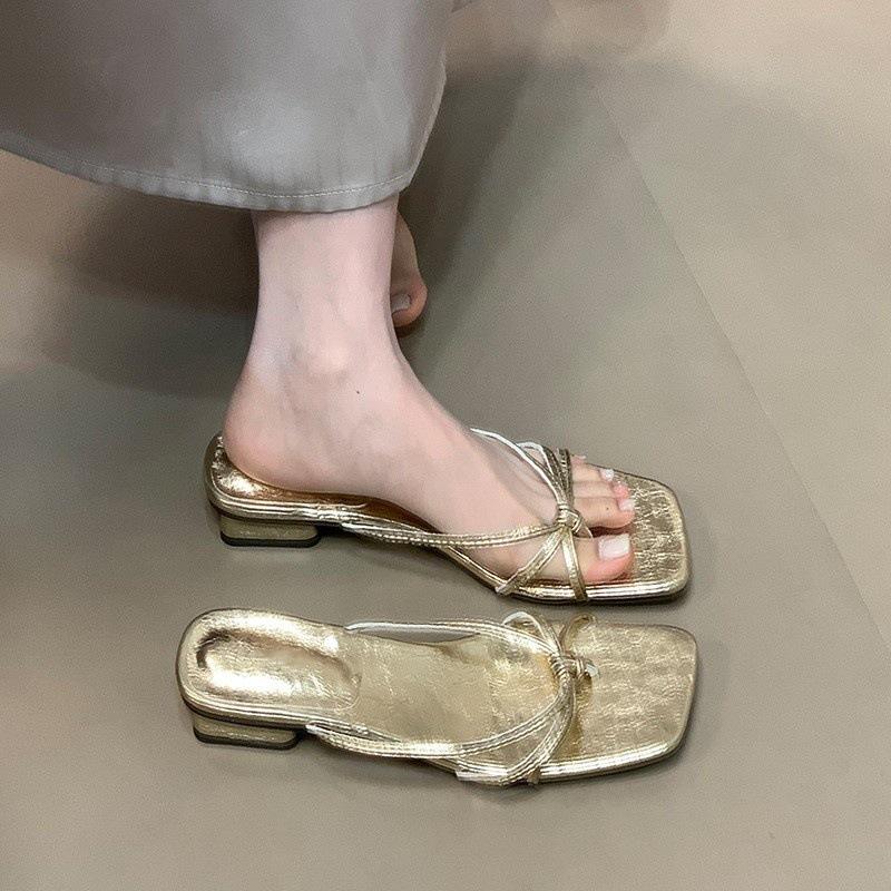 Square head silver niche one-word drag women's summer outer wear temperament simple toe low heel cool slippers