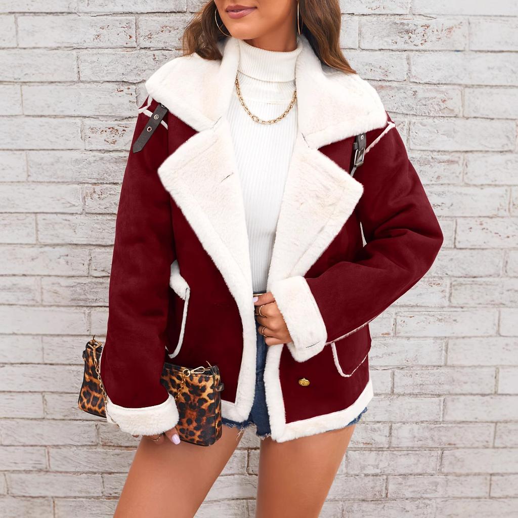 Women's Brown and White Contrast Faux Shearling Jacket with Gold Buttons