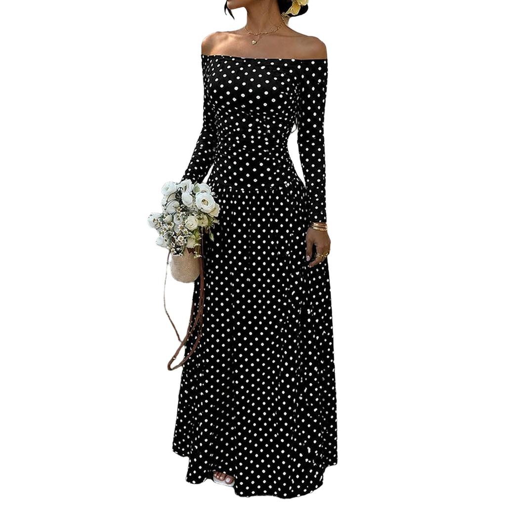 Women's Off-Shoulder Polka Dot Long Sleeve Dress with Waist-Cinching for Vacation