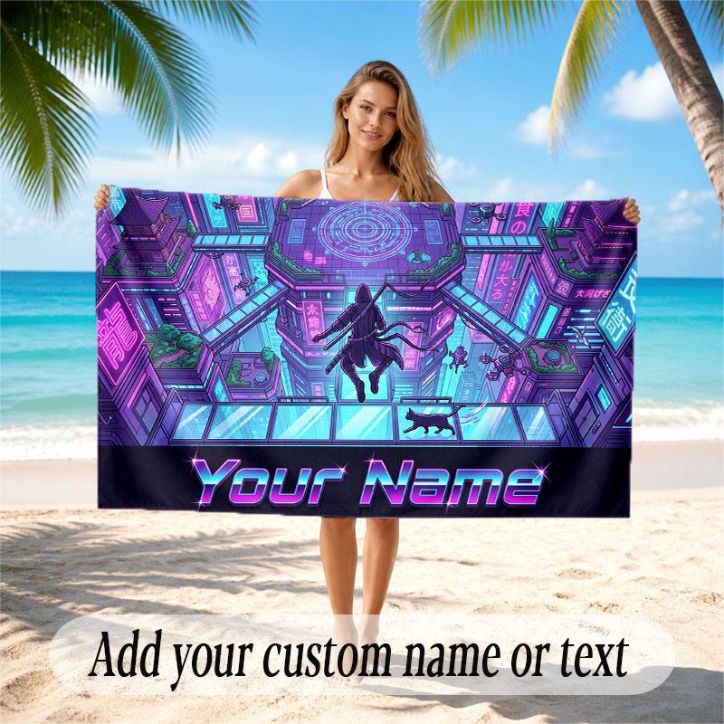 City Cyberpunk Theme Soft Beach Towel Personalized Custom Name Text Towel Portable for Beach Pool Travel