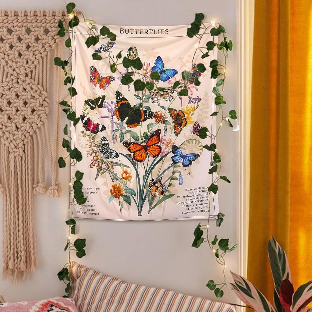 Zussun Butterfly Tapestry Vertical Vintage Floral Tapestries for Bedroom Aesthetic Flower Plant Tapestrys Wall Hanging Retro Beige Cute Colorful Art