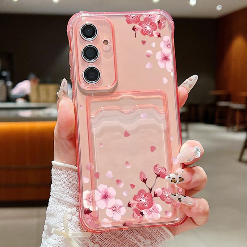 For Samsung S25 Ultra S24 FE S23 S22 A56 A36 A16 A55 Cover Sakura Floral Pattern Soft Silicone Card Slot Shockproof Clear Slim Phone Case