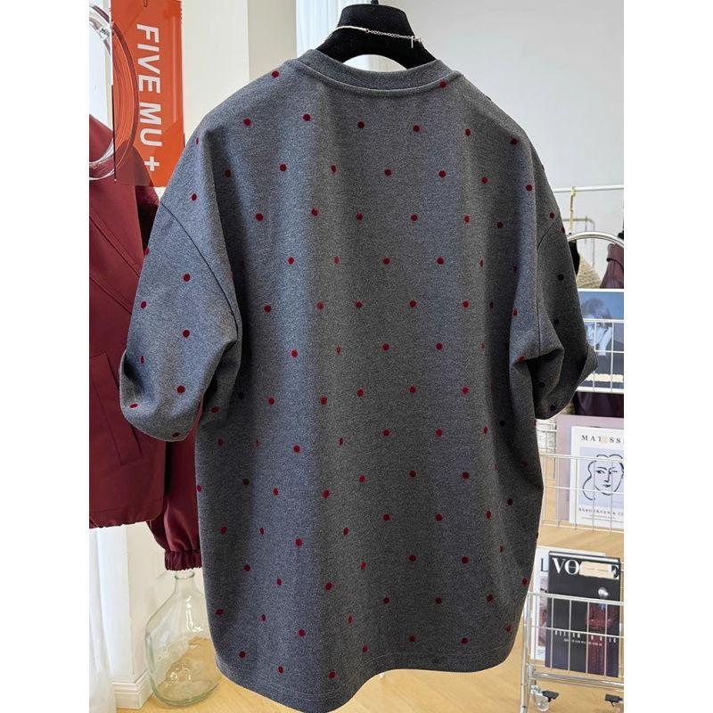 Front Shoulder Polished Niche Polka Dot Short Sleeved T Shirt Women's Spring and Summer Slimming