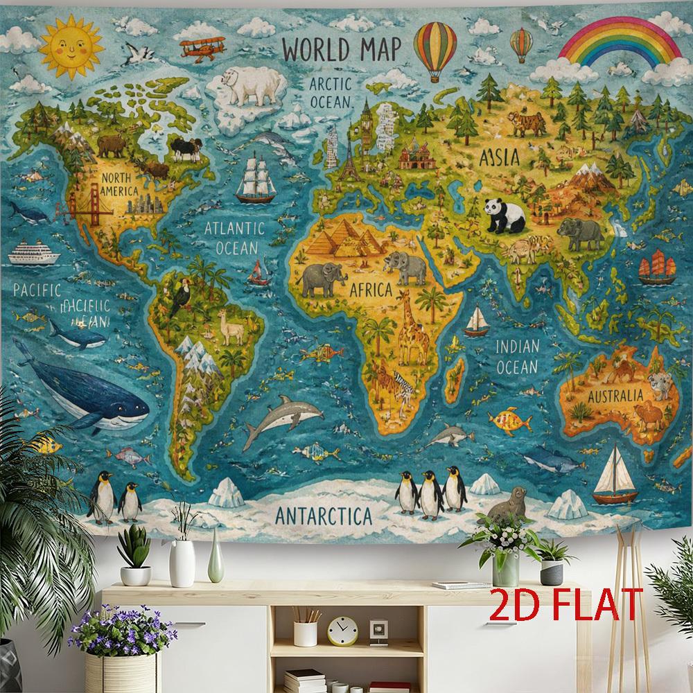 2D Flat, 1pc World Map Tapestry Suitable for Kids Room Decor, Wall Hanging with Continents & Countries, Horizontal Banner for Themed Parties, Weddings
