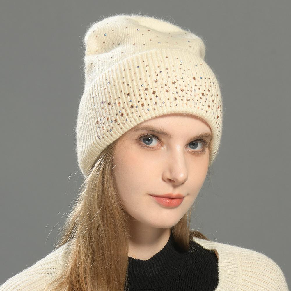 Solid color rabbit velvet double-layer thermal wool hat knitted hat autumn and winter windproof ear protection striped hat