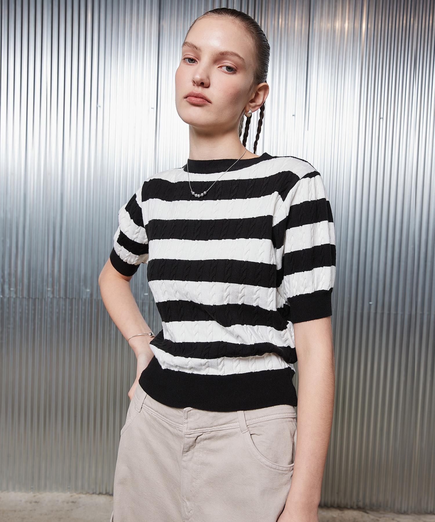 Latizen L2 Stripe Short Sleeve Knit(Black) Black/Free