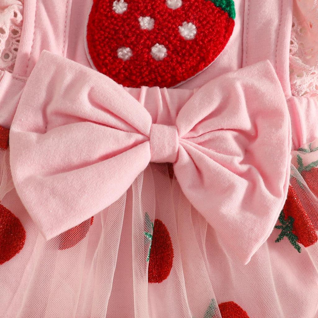 Sweet Baby Girl Fruit Flower Mesh Patchwork Dress with Lace Trim, Bowknot, Harem Skirt, and Hair Tie.