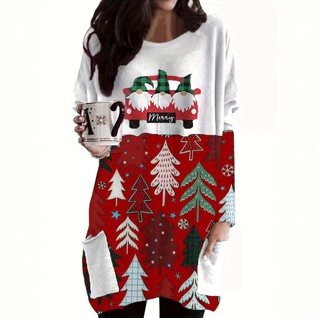 

Women s Long Sleeve Round Neck Christmas Casual Short Dress XXL червоний