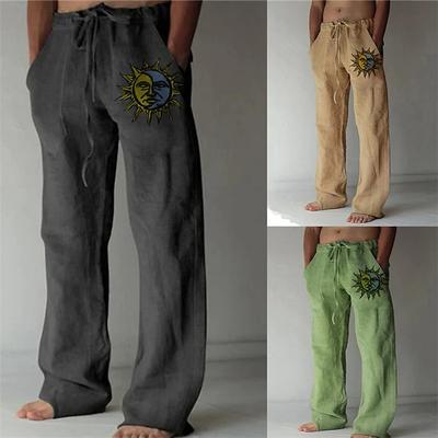 Herren gerade Hose neue Jugend dreifarbige Sonnenblume handbedruckte Baumwolle und Leinen locker lässige Kordelzug Hose