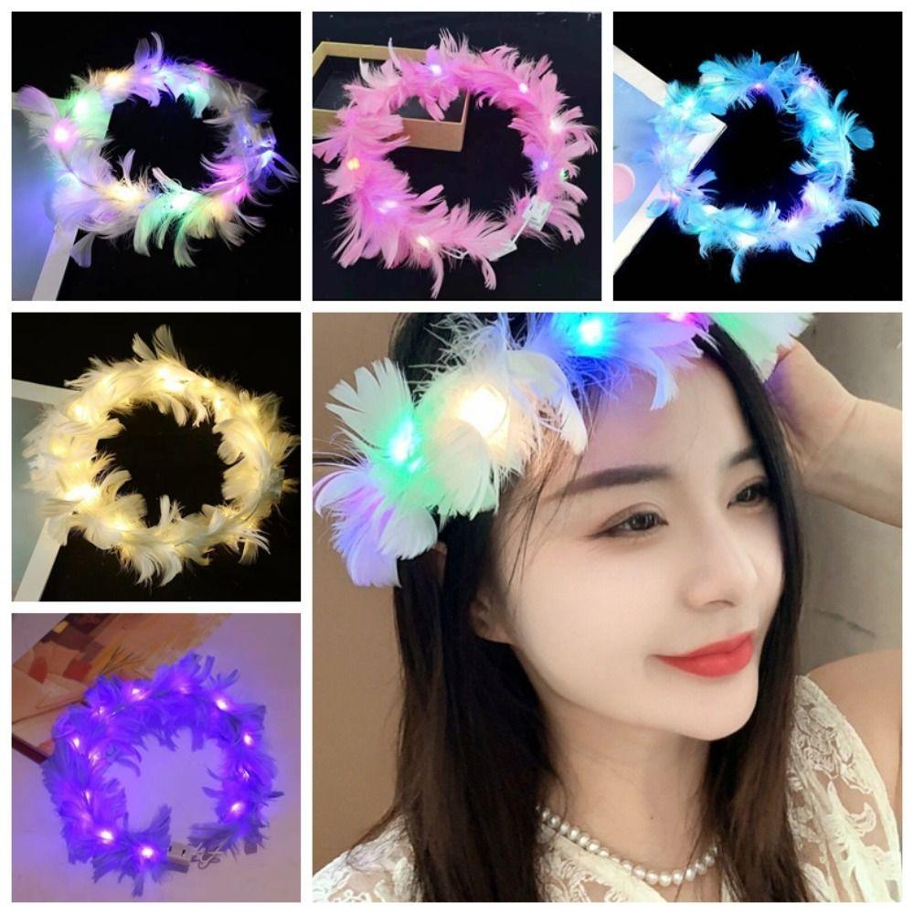 Glow White Feather Luminous Garland New Year Women Hairband Elegant LED Feather Headband Party