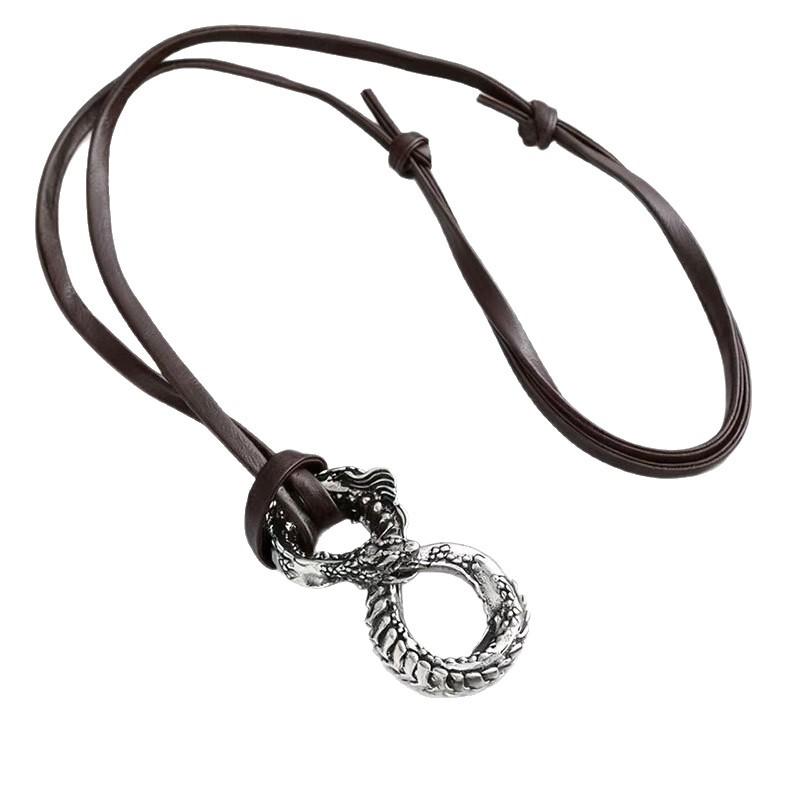 Game Merchandise Domineering Viking Eight-Character Dragon Leather Rope Necklace High-End Alloy Retro Trendy Cool Personality Men'S Neck Chain
