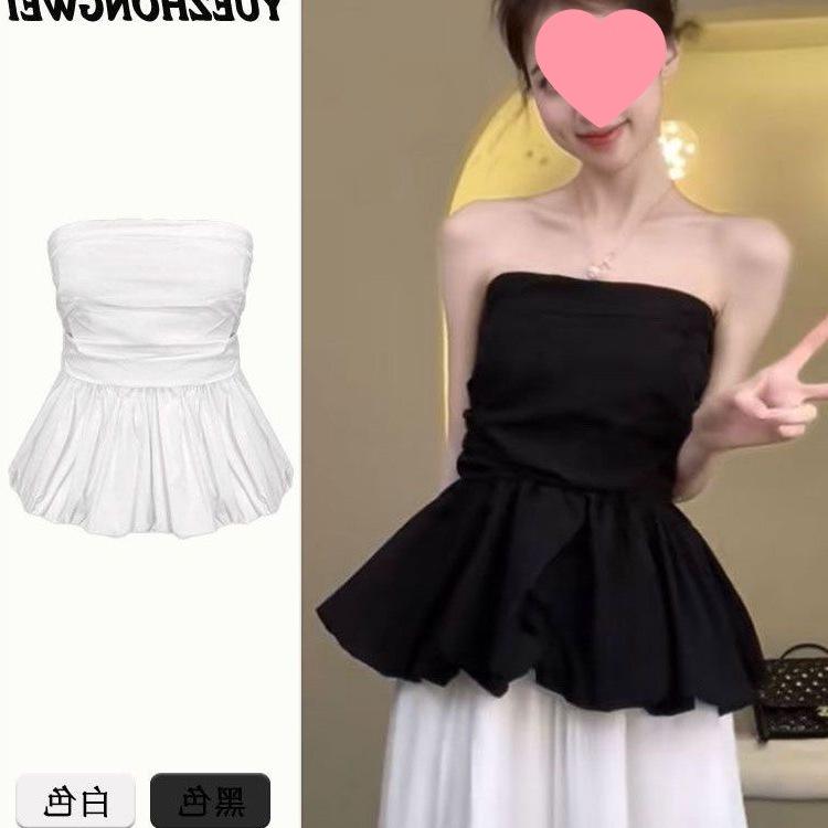 Off-Shoulder French Pleated Bandeau: Cinched Waist, Sweet & Spicy Bud-Shaped Slim-Fit Camisole, New Elegant Summer Design.
