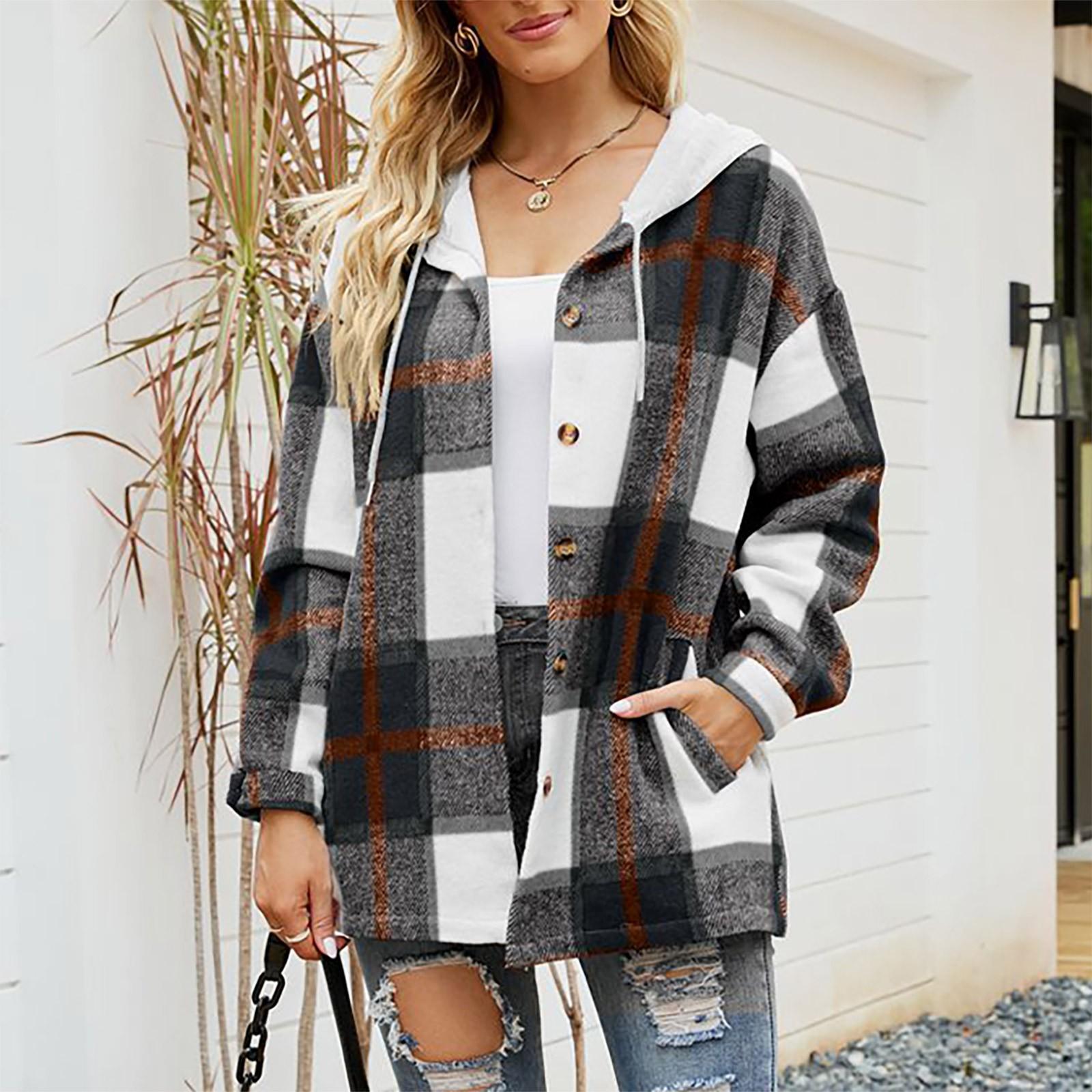 

Женская повседневная модная куртка с капюшоном, клетчатая шерстяная рубашка с цветными блоками, куртка M чёрный