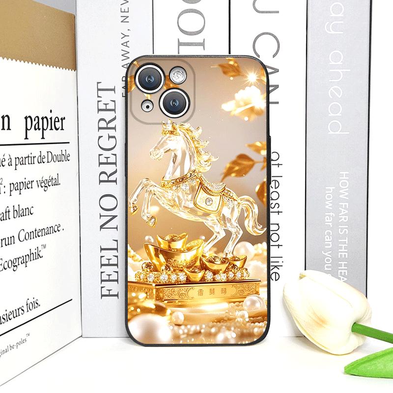 Luxury Crystal Golden Horse Pattern Phone Case for IPhone 17 16 12 11 14 Plus 13 15 Pro Max Mini X XS XR Shockproof Soft Covers