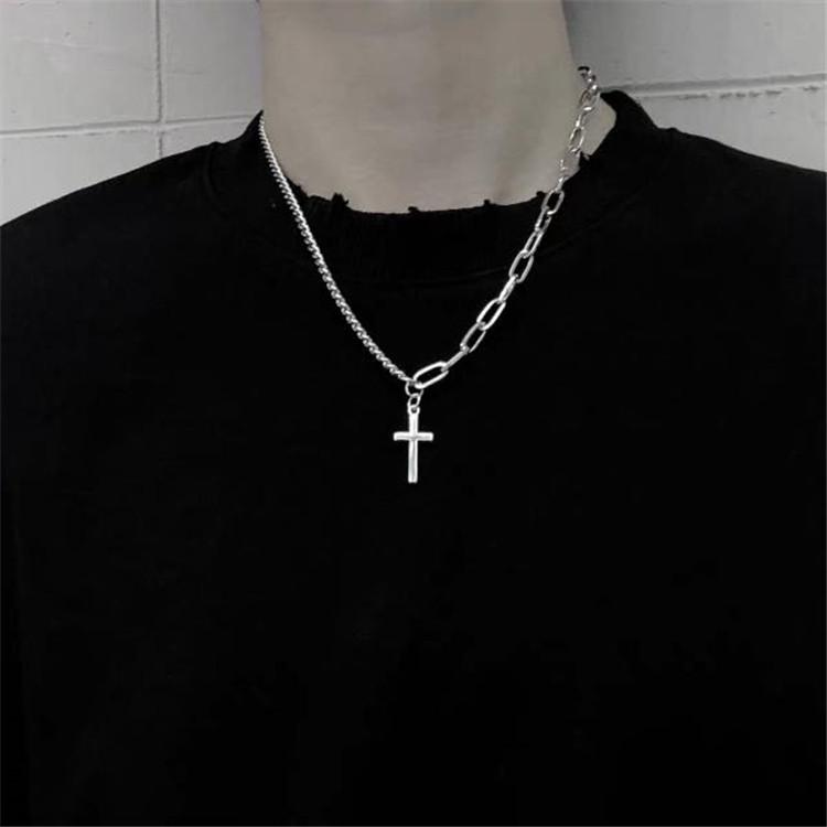 C205 Korean Version Asymmetric Cross Necklace Hip Hop Simple Pendant Collarbone Chain Versatile Neck Chain Trendy Unisex