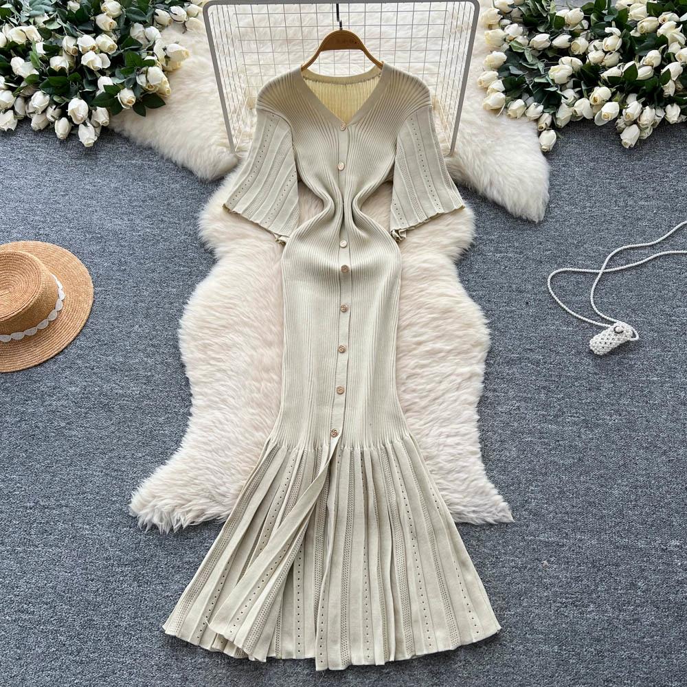 Sommer Damer Elegant V-hals Enkeltspent Strikket Futteral Genser Lang Maxi Fishtail Kjoler