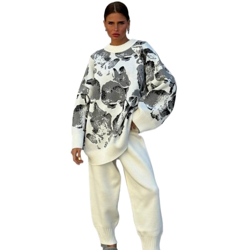 Женский повседневный теплый свитер, свитер контрастного цвета, прямые брюки, комплект из двух предметов S