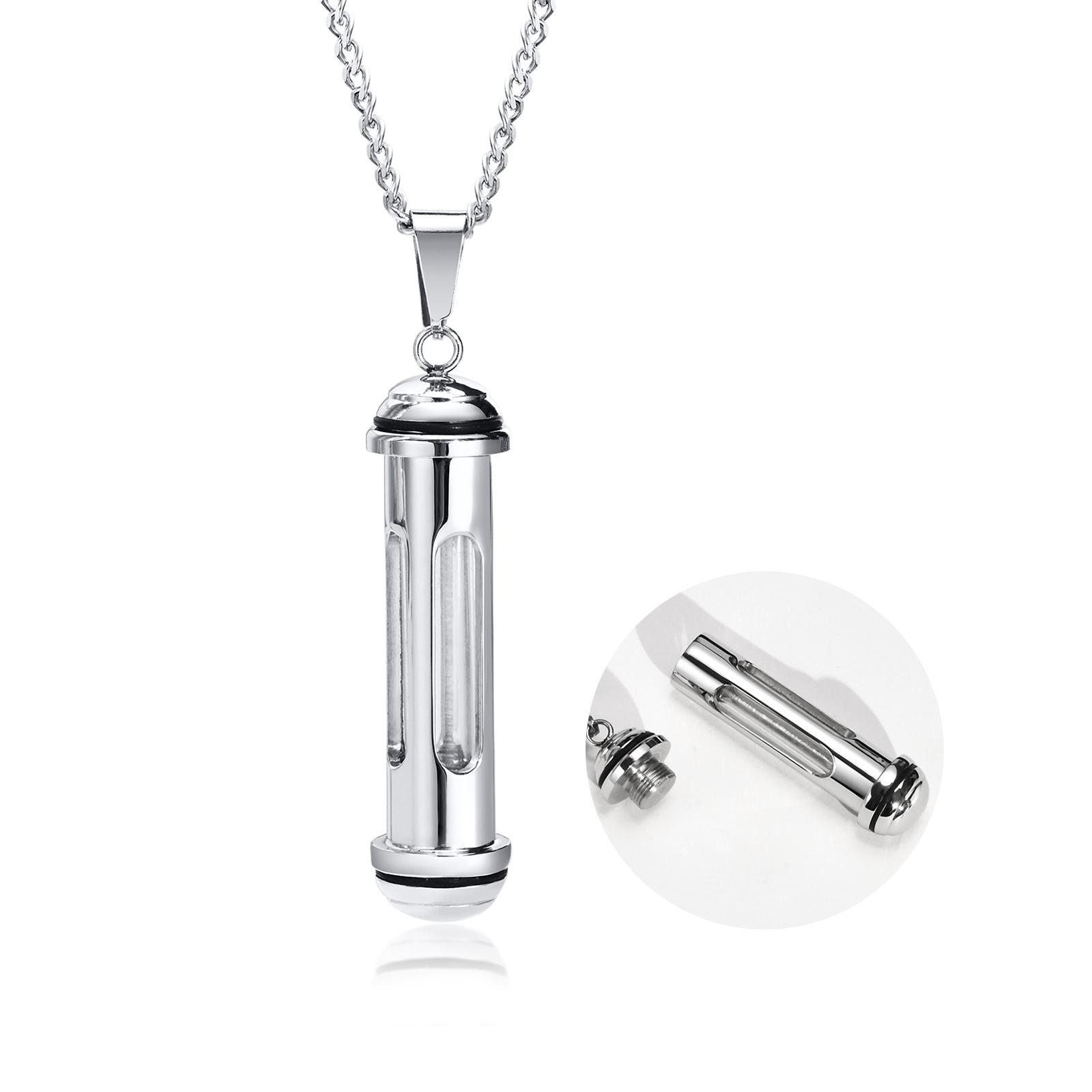 Men Stylish Stainless Steel Cylinder Pendant Necklace,Timeless Memorial Time Capsule Keepsake Gifts Jewelry 60cm