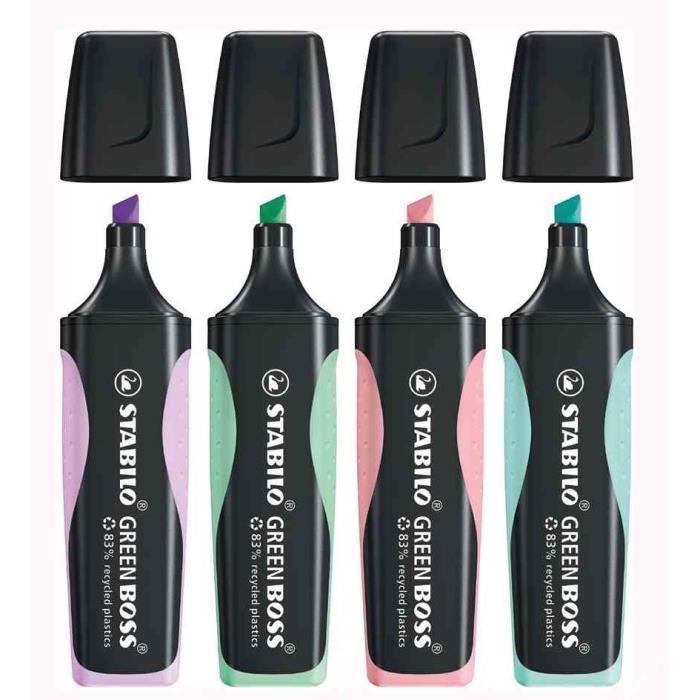 Surligneur - stabilo - green boss pastel - étui de 4 - plastique recyclé - pointe biseautée