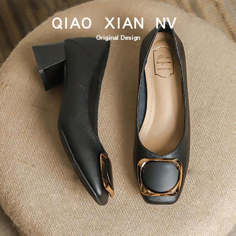 Giant soft~ French leather square head soft leather single shoes versatile temperament thick heel light mouth spring and autumn shoes professional