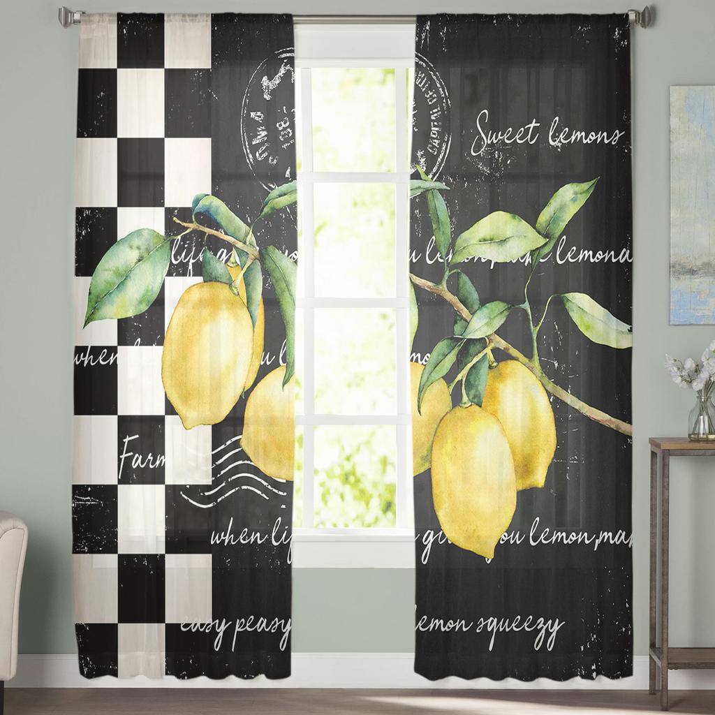 Farm Fruit Lemon Plaid Sheer Curtains Window Tulle Curtains For Living Room Bedroom For Kitchen Veiling Curtains Decoration