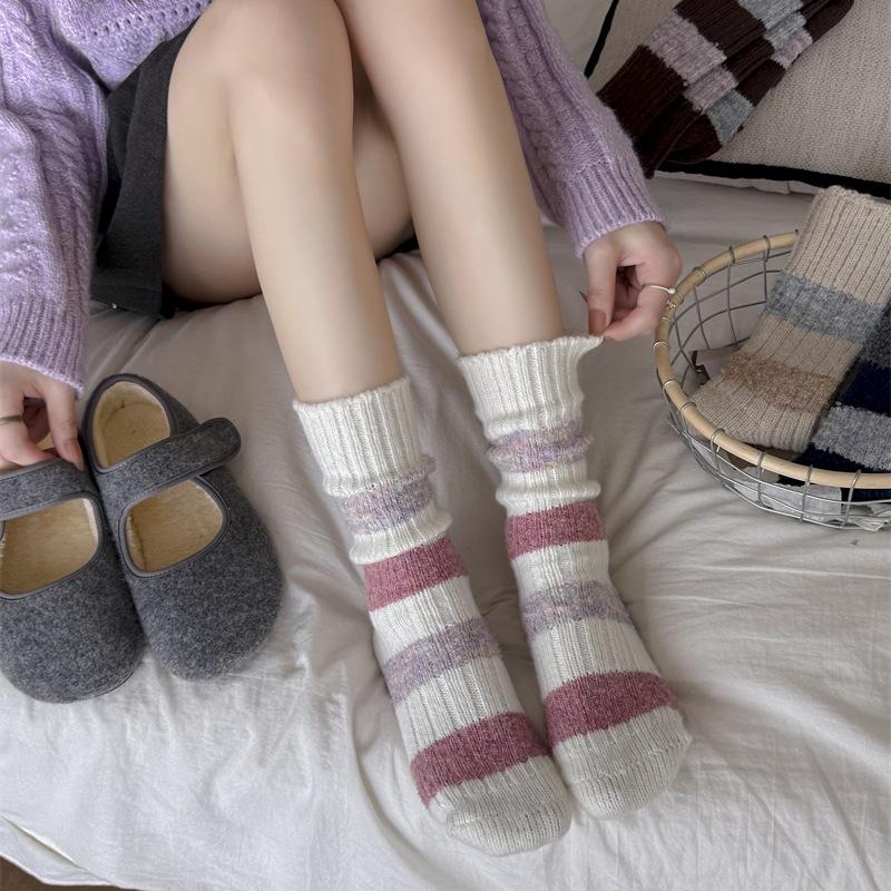 Women's Autumn and Winter Thickened Warm Contrast Color Striped Wool Long Stack Socks