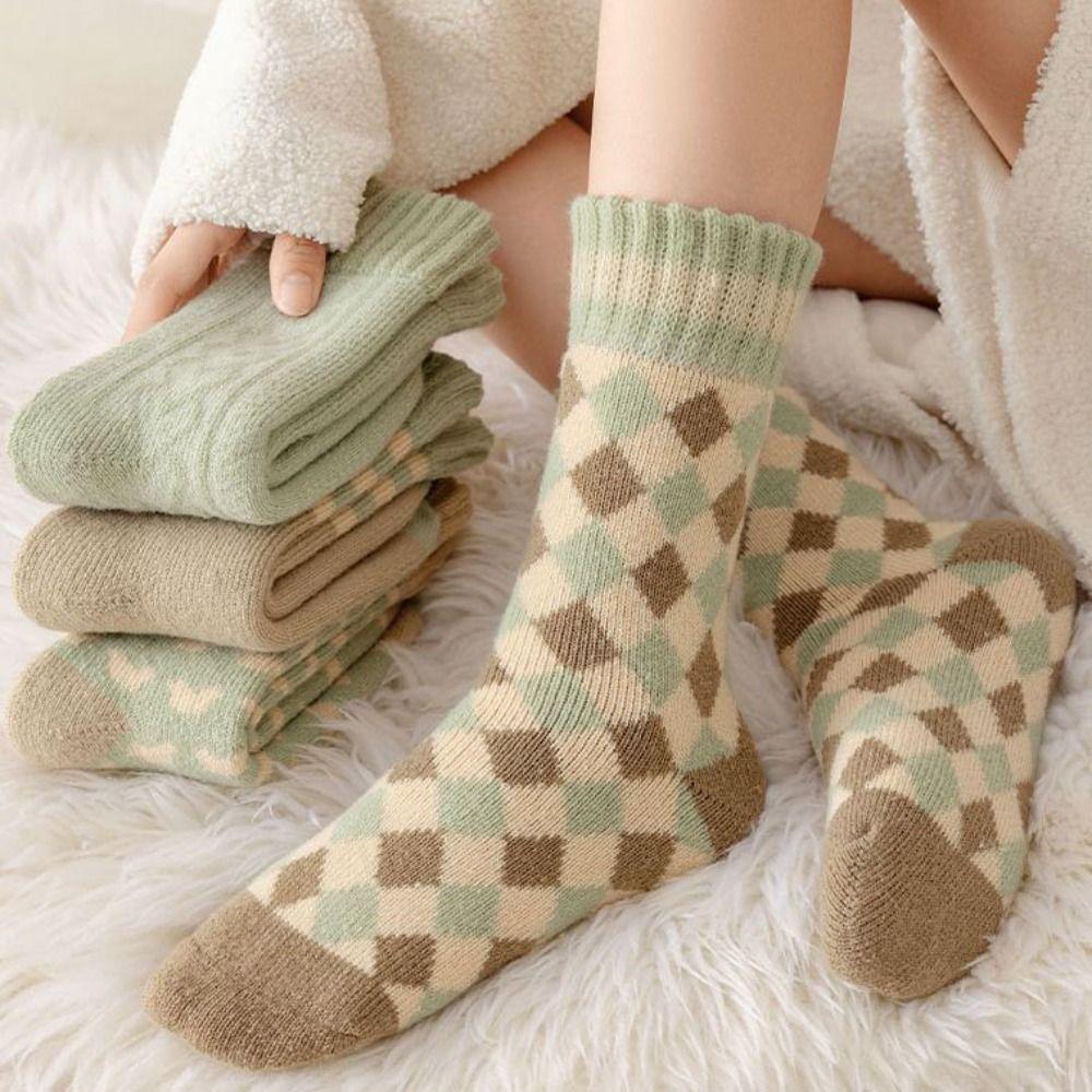4Pairs Soft Stripe Grid Thickened Socks Sleeping Winter Floor Plush Socks Mid-tube Hosiery Warm Socks Women Autumn