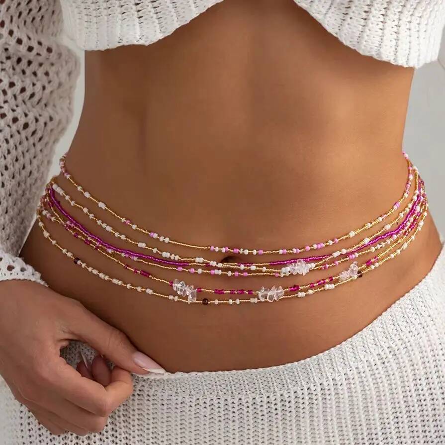 Salircon 6 Pcs/Set Summer Beach Bohemian Rice Beaded Waist Belly Chain for Women Sexy Simple Body Chain Y2K Jewelry Accessories
