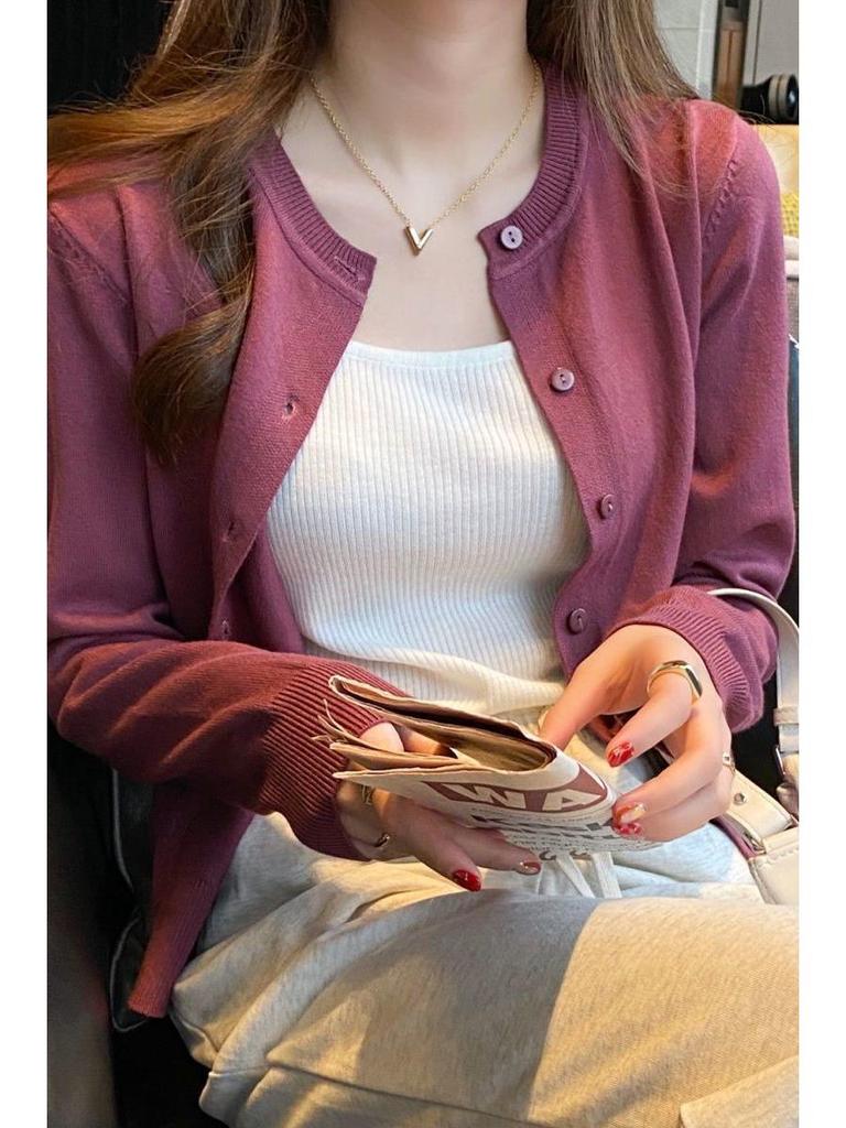 Spring & Autumn 2025 Solid Color Round Neck Slimming Knit Cardigan - Versatile Korean Style Long Sleeve Women's Top