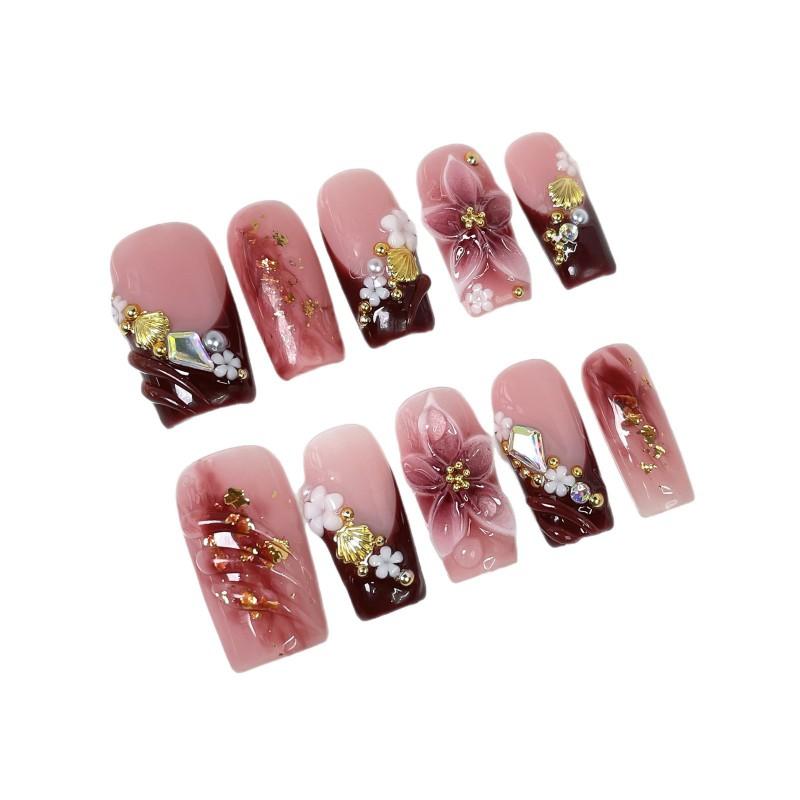 Handcrafted Press-On Nails With Nude Pink Wine Red French Ombre Floral Shell 3D Embossed Design