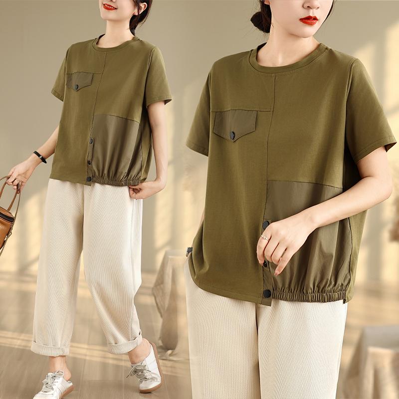 DIMANAF 2025 New Summer Plus Size T-Shirt Women Short Sleeve Buttons Vintage Loose Tops Tees Maxi