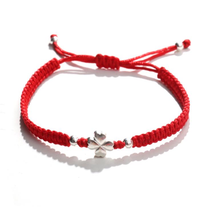 Unisex Lucky Four-Leaf Clover College Exam Red Rope Bracelet - Simple Woven Design for Couples and Best Friends.