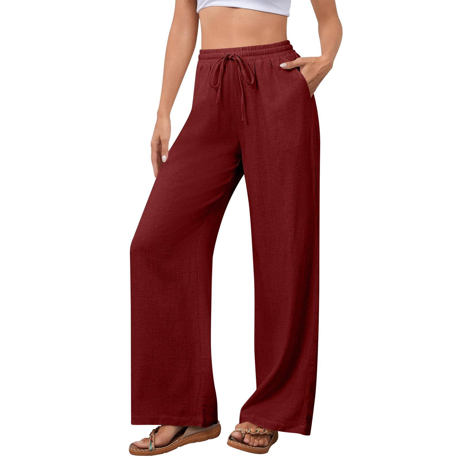 

Women s Casual Fashion Cotton-Linen Blend Wide-Leg Pants With Side Pockets XL винний