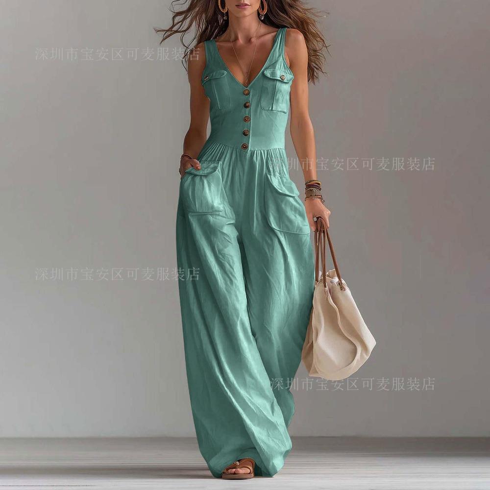 Europe, America, summer pocket V-neck button-up vest comfortable jumpsuit women