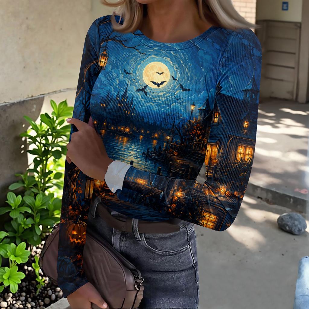 Womens Long Sleeve Halloween Print Fitted Crew Neck Base Layer T Shirt Slim Fit Stretchy Top for Casual Wear