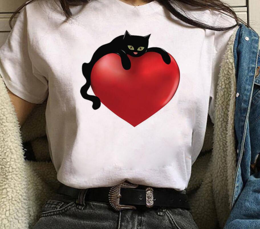 Women's Round Neck White Short-sleeved T-shirt Fashion Printed Valentine's Day Base Shirt Aesthetic Clothes Summer Polyester
