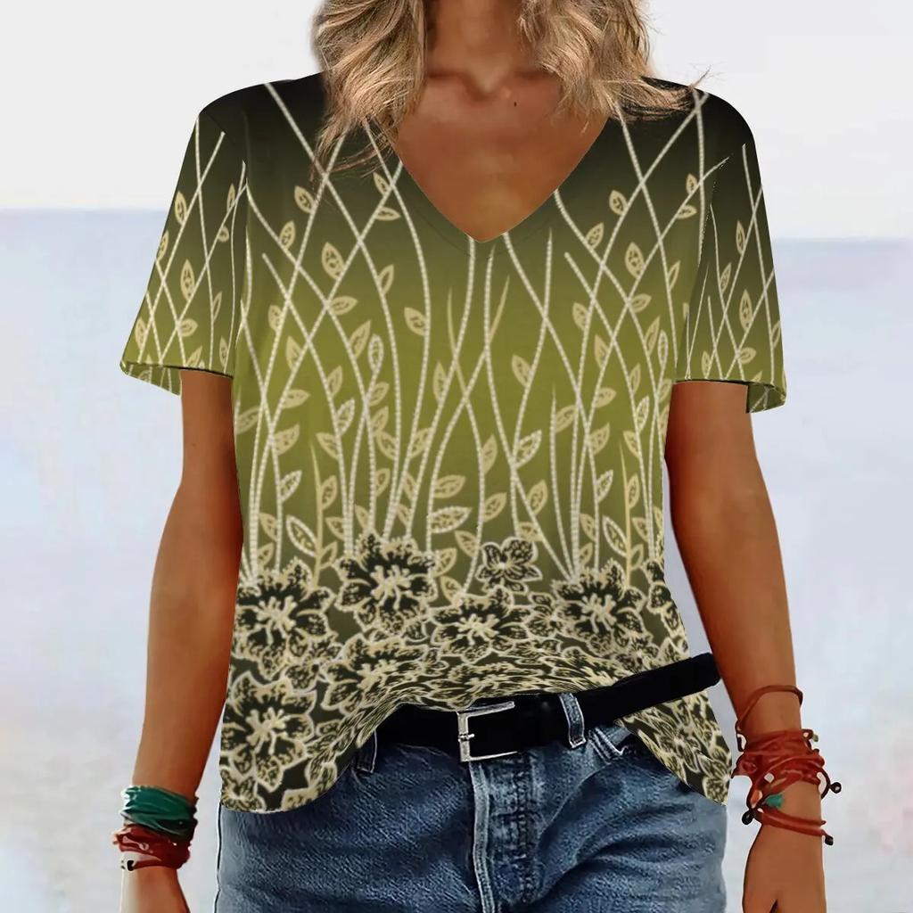 Summer V-neck 3D Gradient Printed Top Fashionable Casual Short Sleeved Women's T-shirts