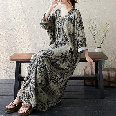 DIMANAF 2025 Dámske nadmerná veľkosť Jarné dlhé šaty Voľné Základné Potlač Vintage Bežné Kvetinové Oversize Dlhý rukáv Maxi