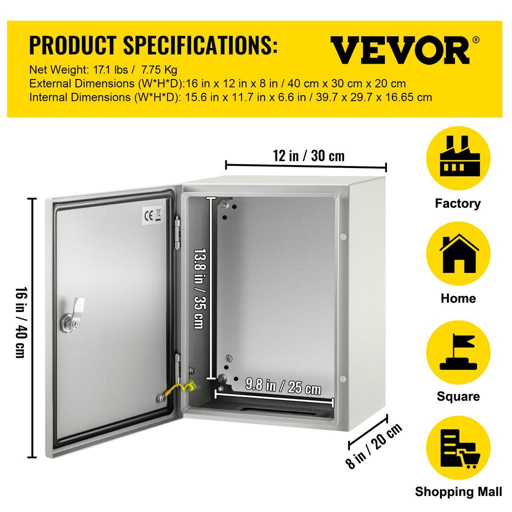 VEVOR NEMA Steel Enclosure, 40x30x20 cm NEMA 4X Steel Electrical Box, IP66 Waterproof & Dustproof, Outdoor/Indoor Electrical Junction Box