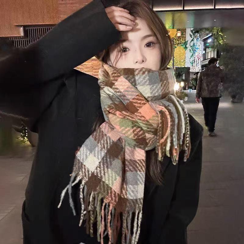 New Sweet Plaid Scarf Female Couple White High Sense Ins College Style Fashion Autumn and Winter Warm Men