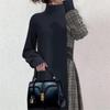 YUANYUAN Checkered Sweater Long High Loose Perfect for Everyday Size Women's Dress, Winter/Autumn Wear, Color-Matching, Sleeves, Neck, Zip-Up, Cute,