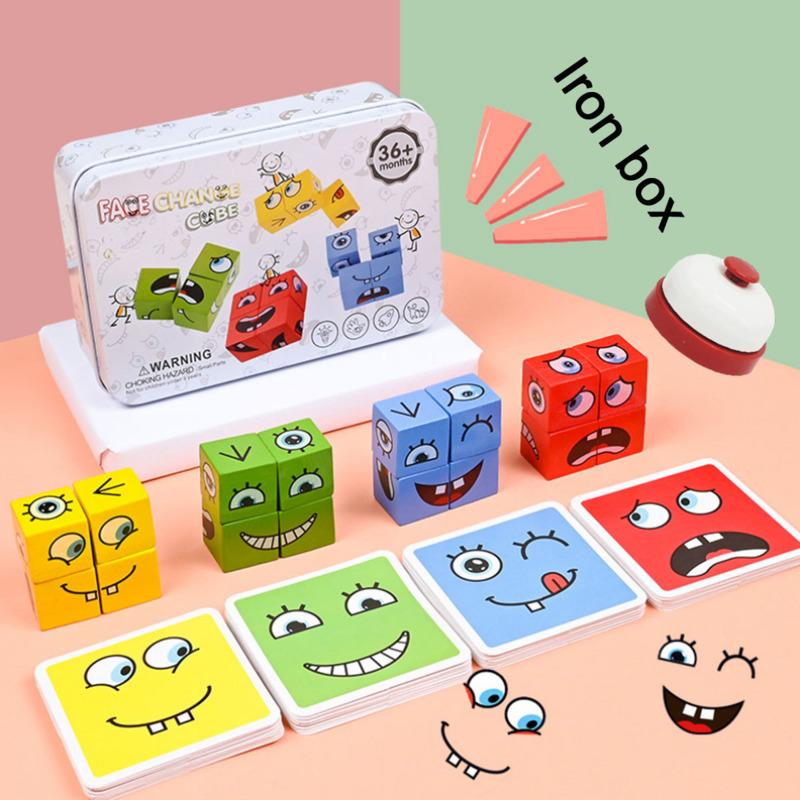 Cube Face Changing Building Blocks Cartoon Board Game Wooden Puzzle Montessori Anxiety Stress Relief Toys For Children Kids