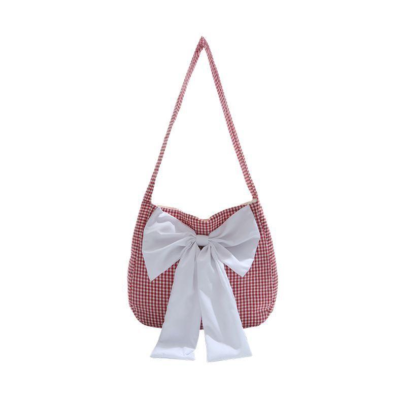 Neue dreidimensionale Schleife Karomuster Umhängetasche Damen Freizeit Große Kapazität Canvas Pendlertasche