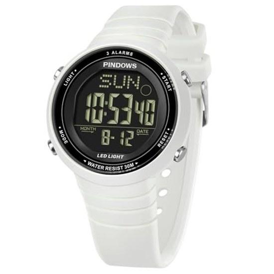 PINDOWS womens digital sports watch 30m waterproof LED backlight wristwatch 3 types alarms stopwatch countdown timer calendar support active