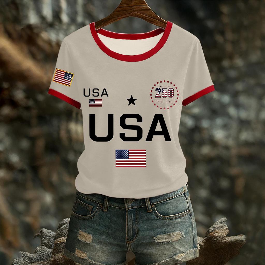 Women's Casual Round Neck Short Sleeve Pullover Printed T-Shirt Top