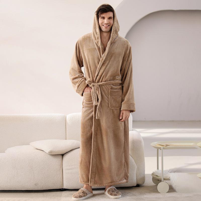 Men's Ultra-Long Ankle Velvet Robe Thickened Flannel Hat Bathrobe Coral Fleece Sleepwear Comfortable Casual Home Wear