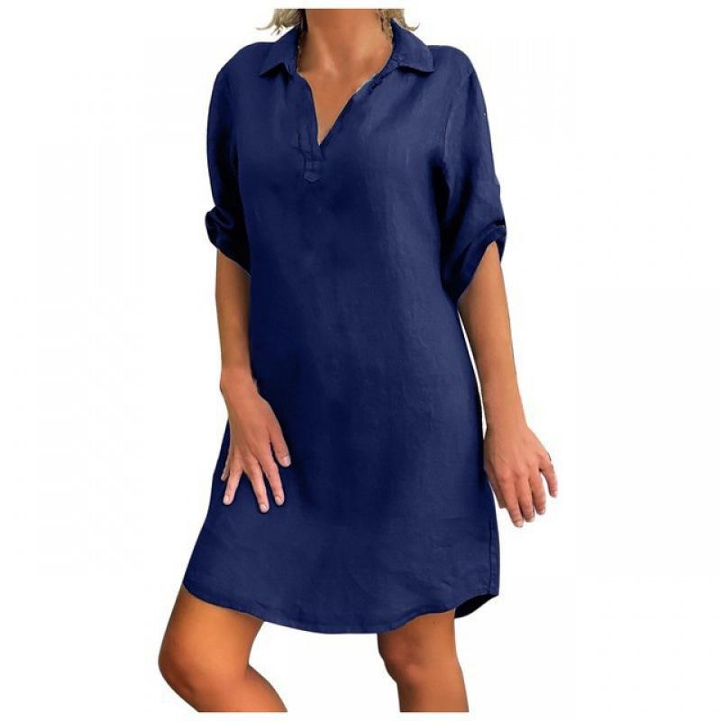 Cotton and Linen OL Blouse Dress Retro Casual Lapel Short-sleeved Loose Solid Mini Dress