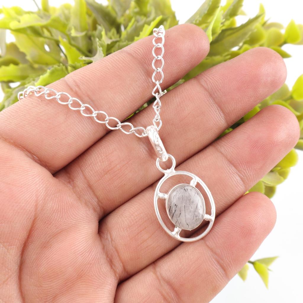 Oval Black Rutile Gemstone Sterling Silver Engagement Gift Wedding Boho Pendant PP-6-26