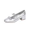 Sea salt Mary Jane shoes spring and autumn new bow middle heel women's shoes French thick heel ballet silver single shoes women
